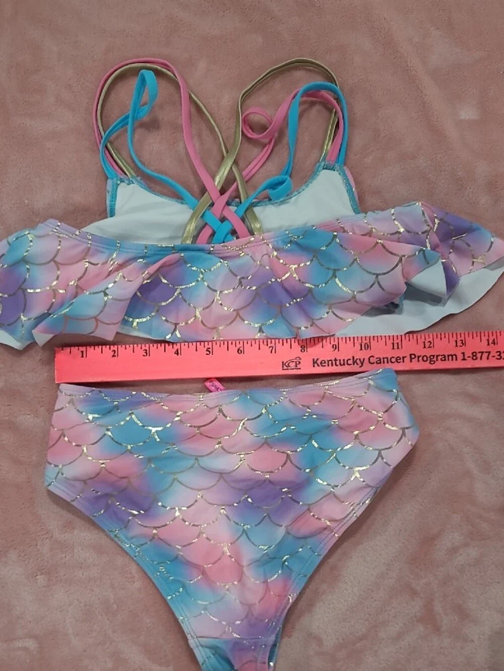 Betsey Johnson Girls Pink Blue Purple Mermaid Sequin Bikini Set with Gold Shell